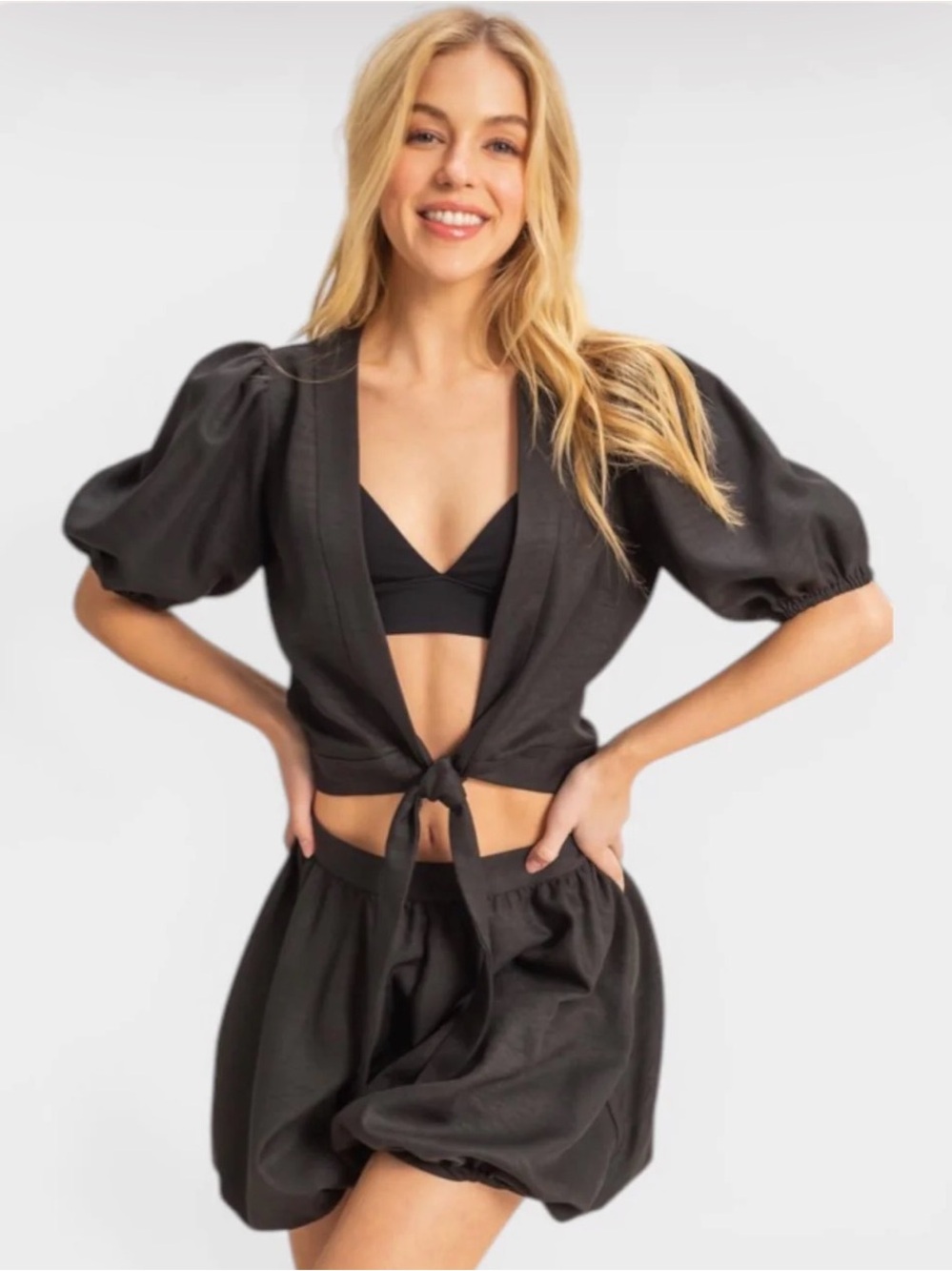 HYFVE  Large Black Tie-Front Puff Sleeve Top & Bubble Hem Shorts Set